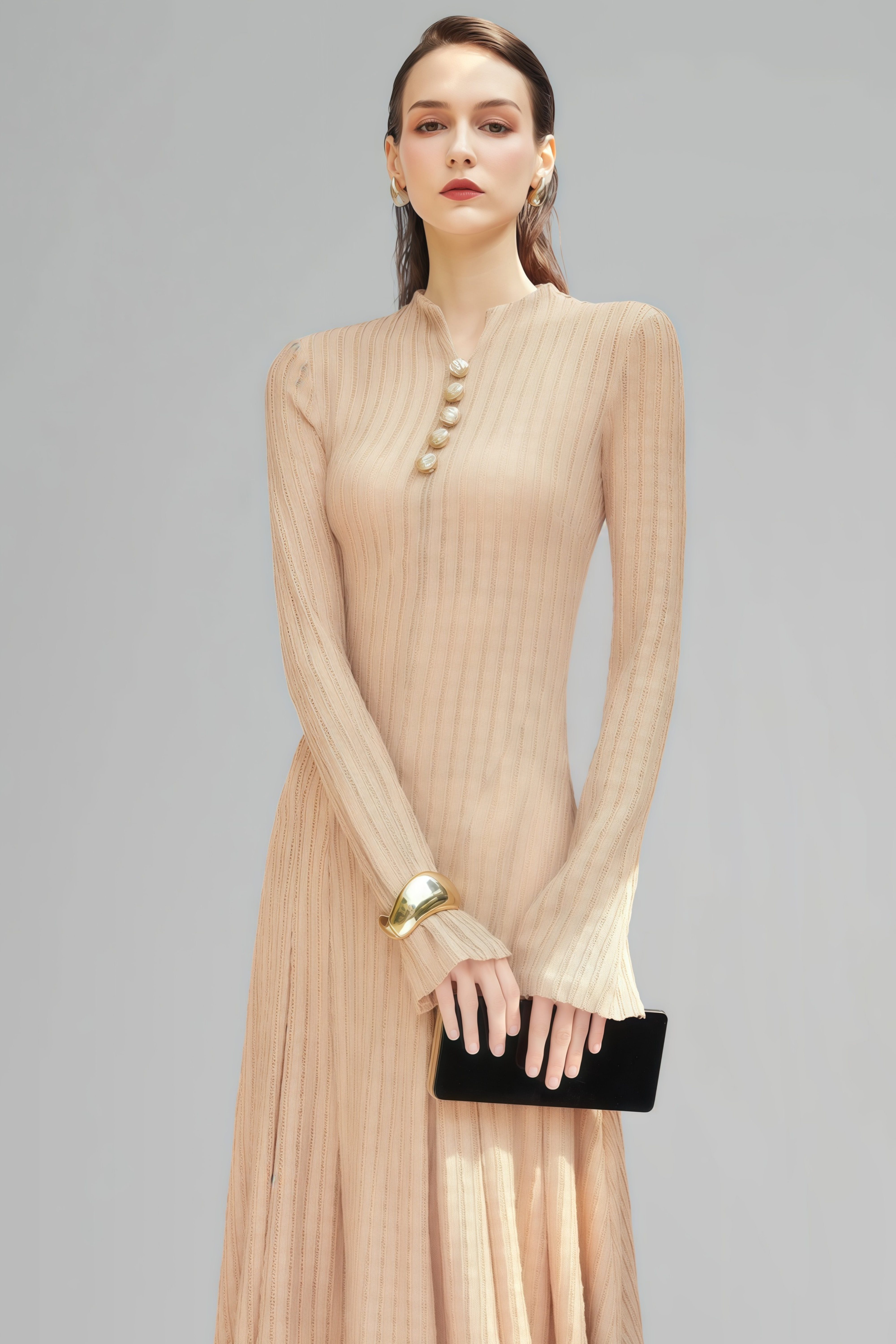 Adeline Beige Maxikleid aus strukturiertem Jacquard