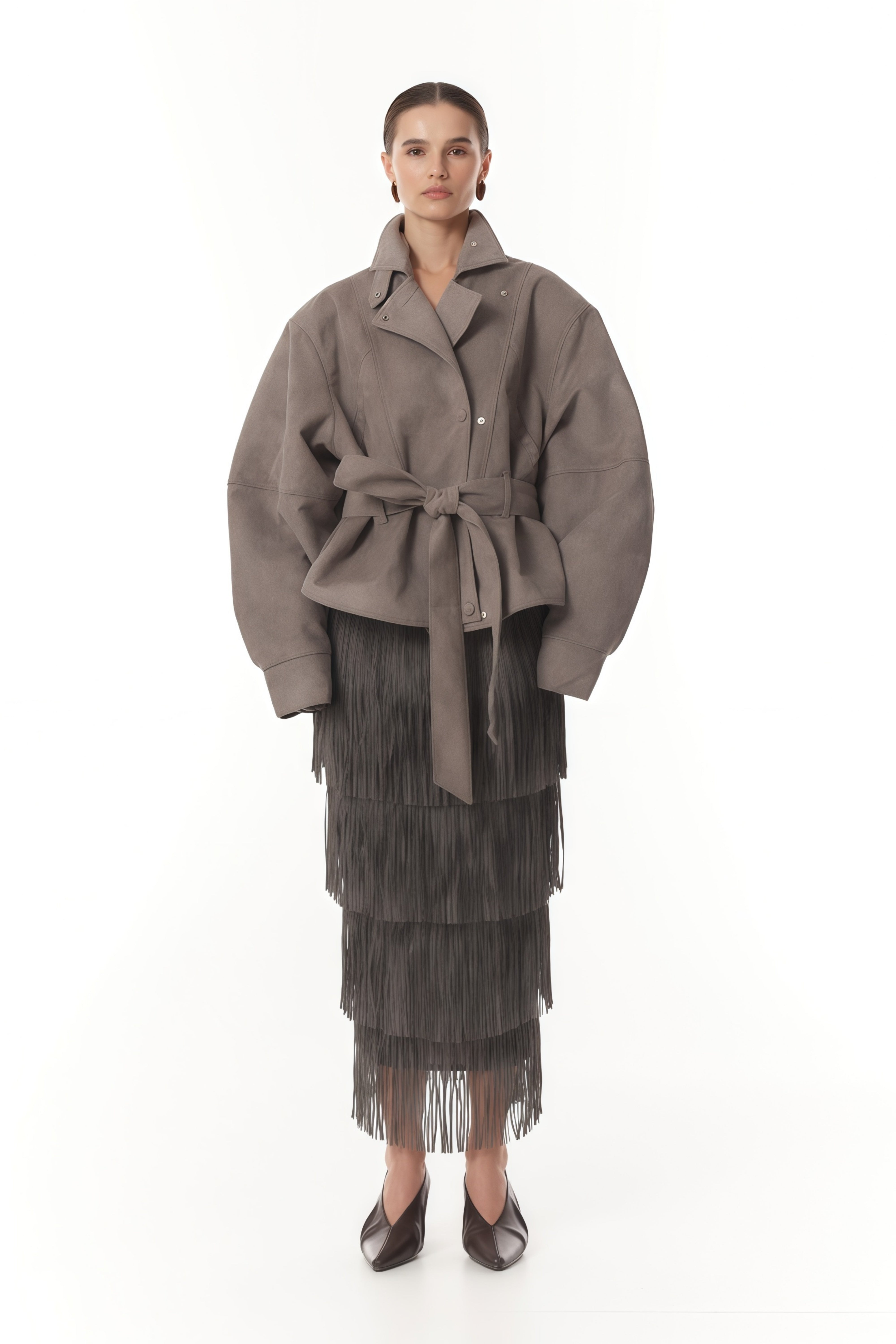 جاكيت راكب الدراجة الجلد المدبوغ بحزام بني من أفيلين