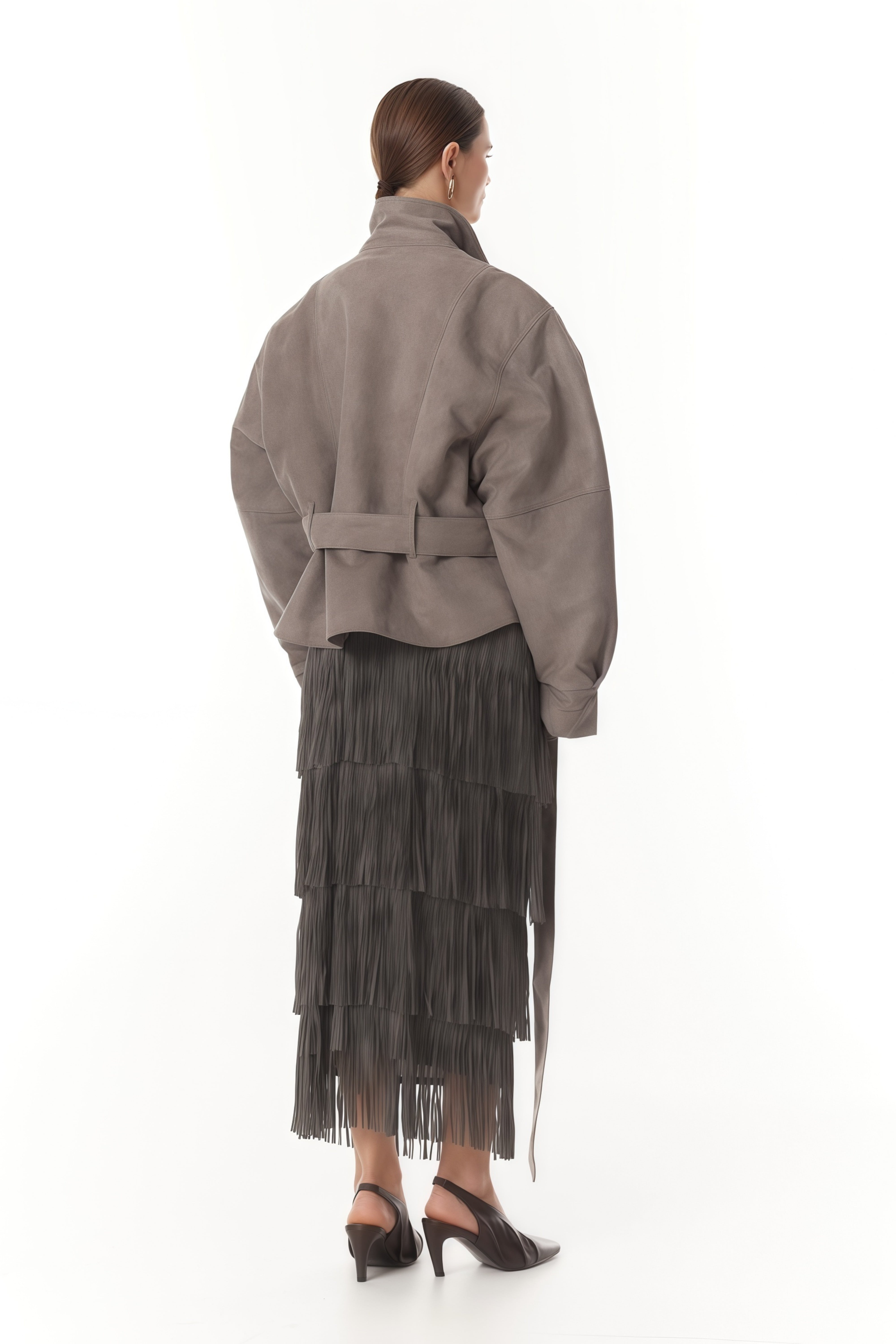 جاكيت راكب الدراجة الجلد المدبوغ بحزام بني من أفيلين