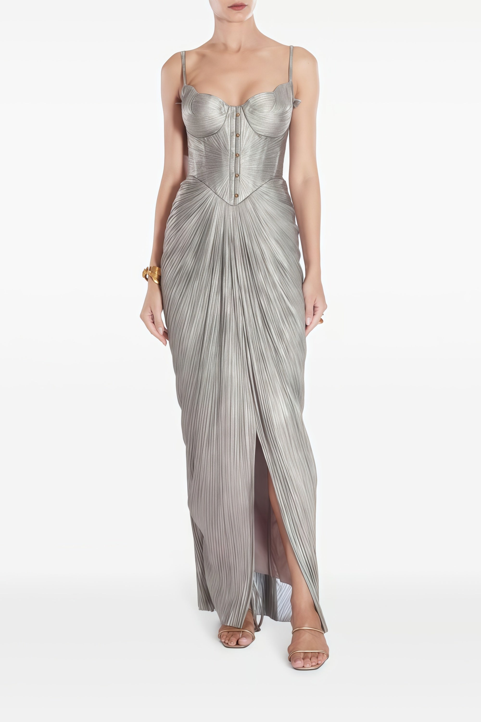 Nicoletta Silver Glossy Pleated Corset Maxi Dress