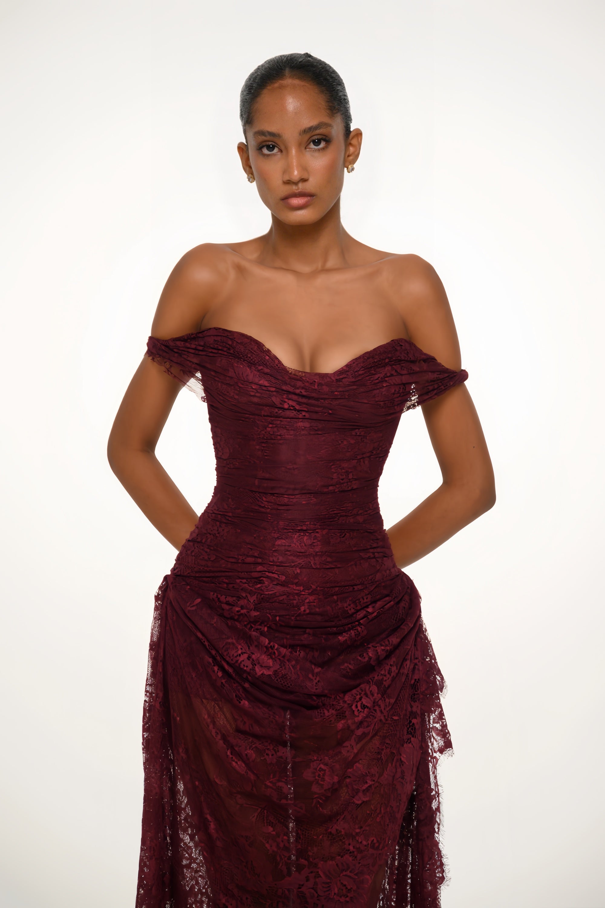 Eline Burgundy Ruched Floral Lace Gown