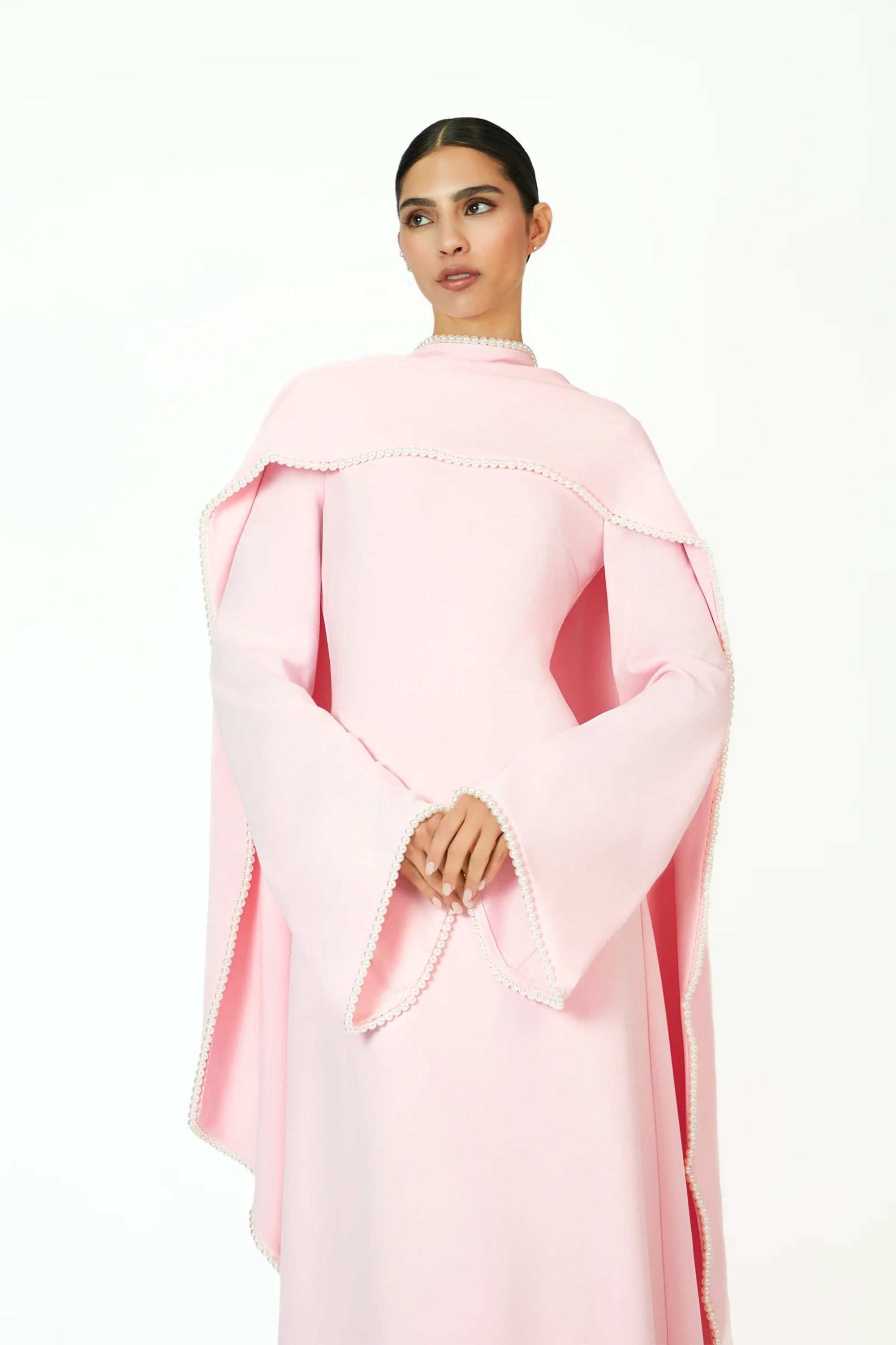 Piroska Pink Pearl Trim Shawl Detail Maxi Dress