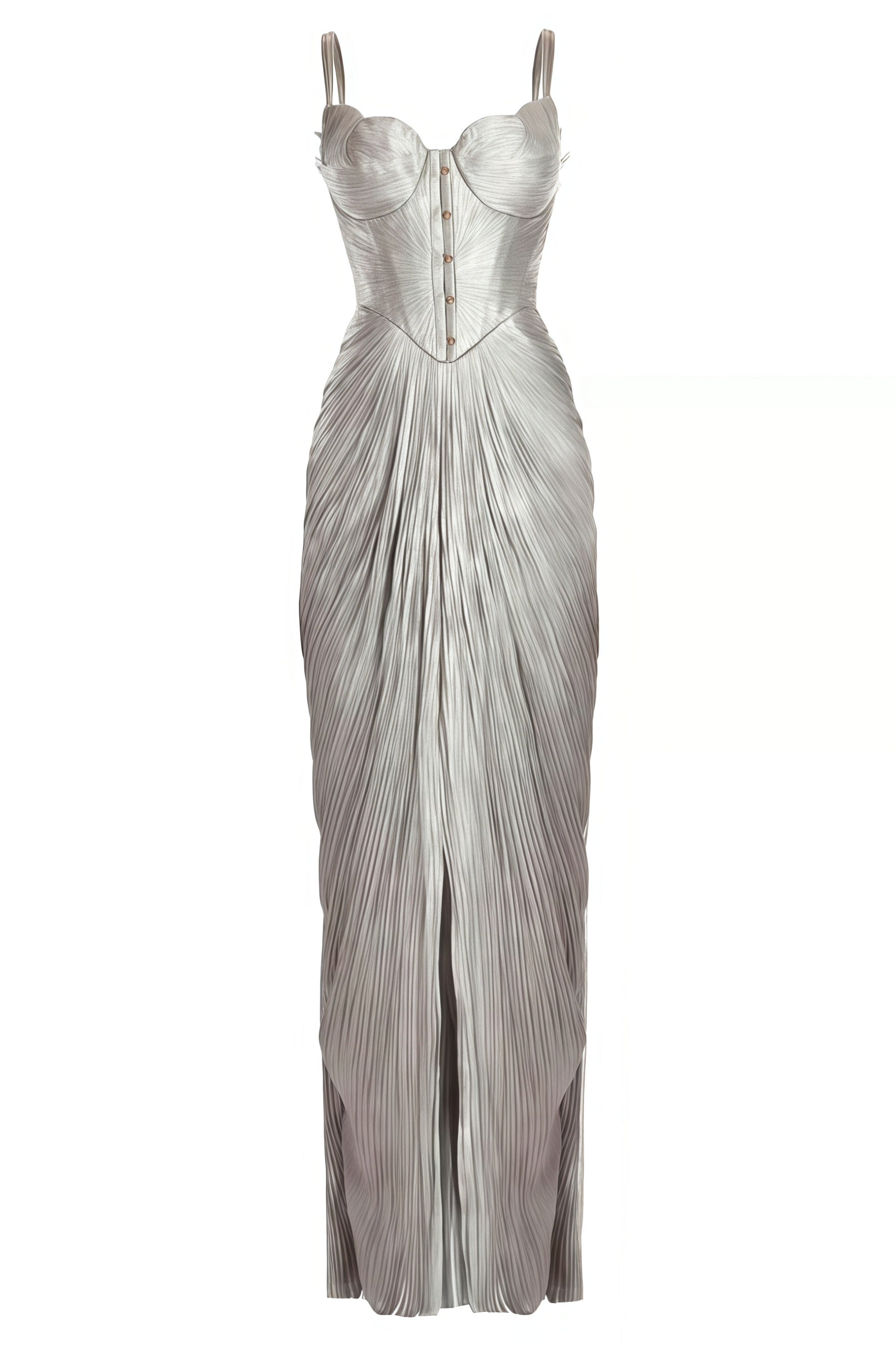 Nicoletta Silver Glossy Pleated Corset Maxi Dress