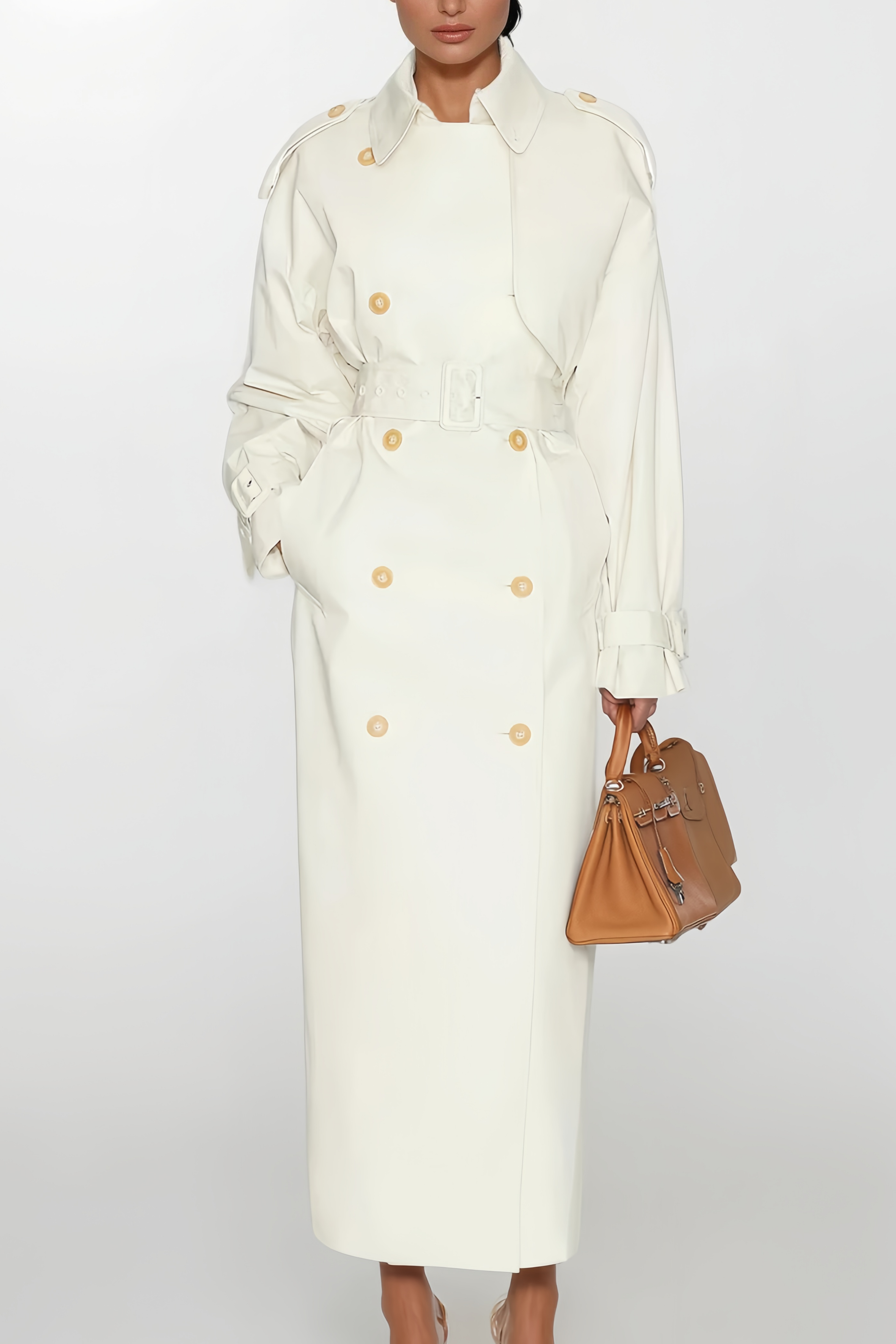 Bruyère White Double-Breasted Long Trench Coat