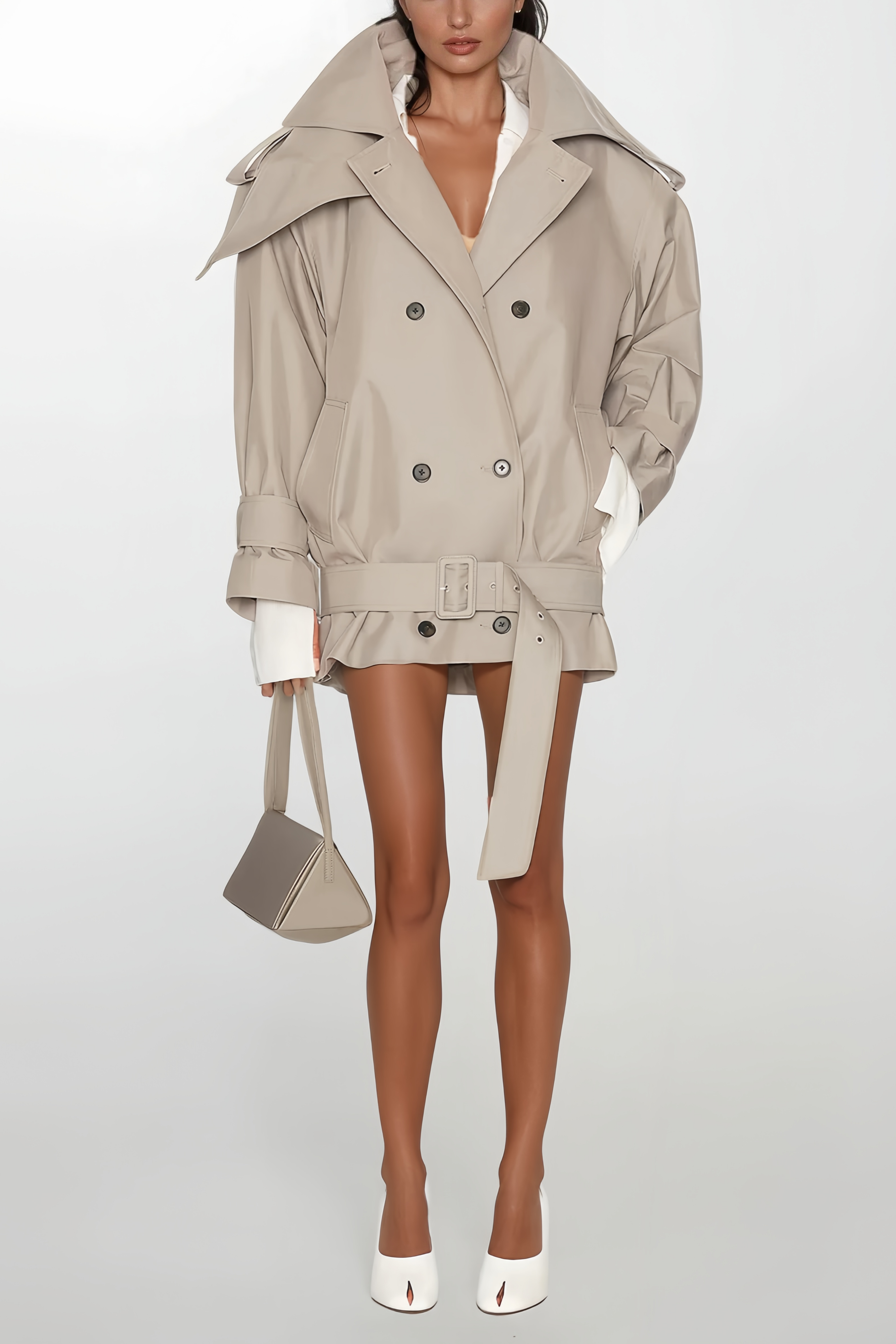 Mavis Grey Double-Breasted Belted Trench Coat