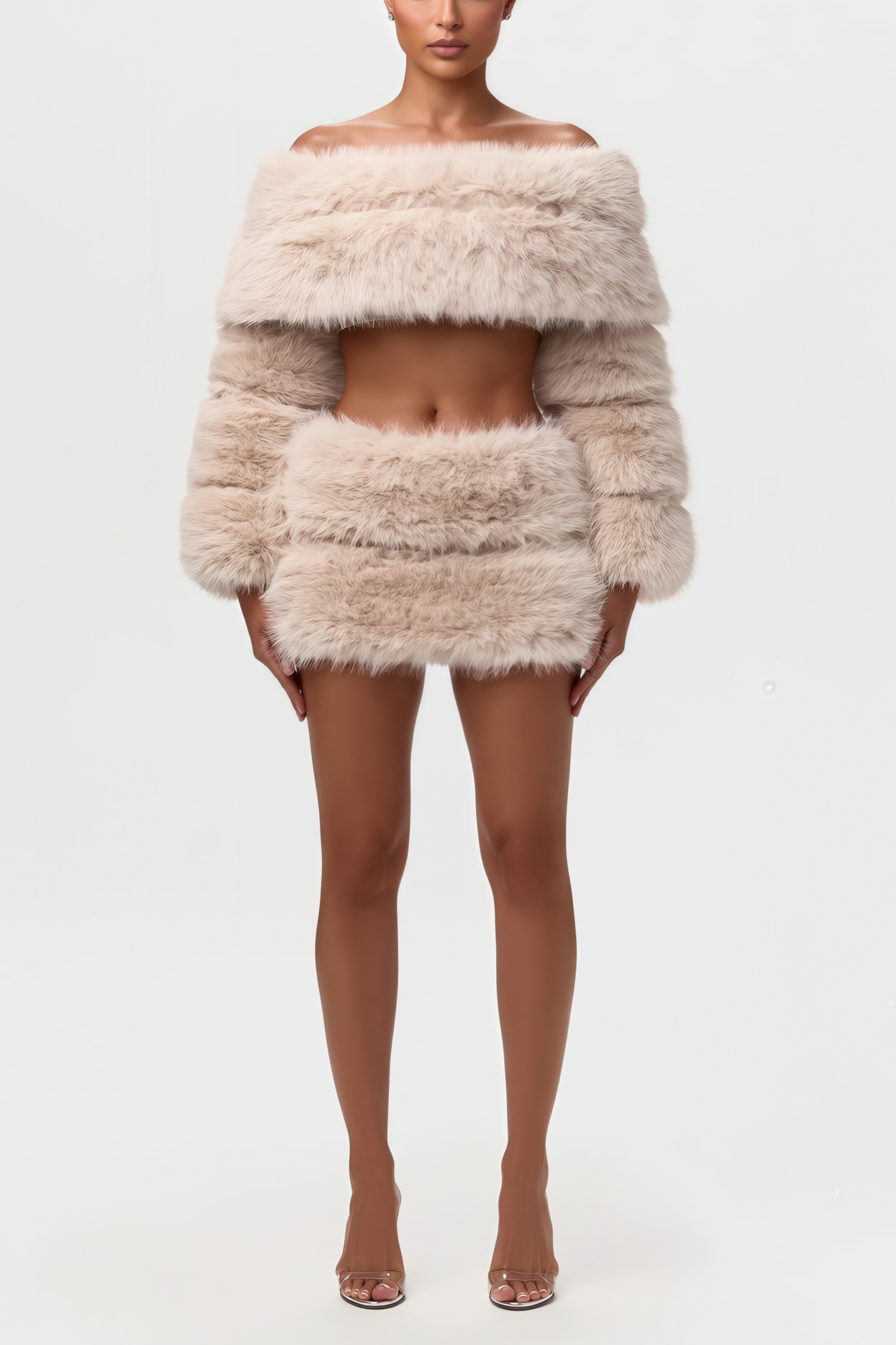 طقم بلوزة وتنورة من الفرو الصناعي بياتريس كاكي