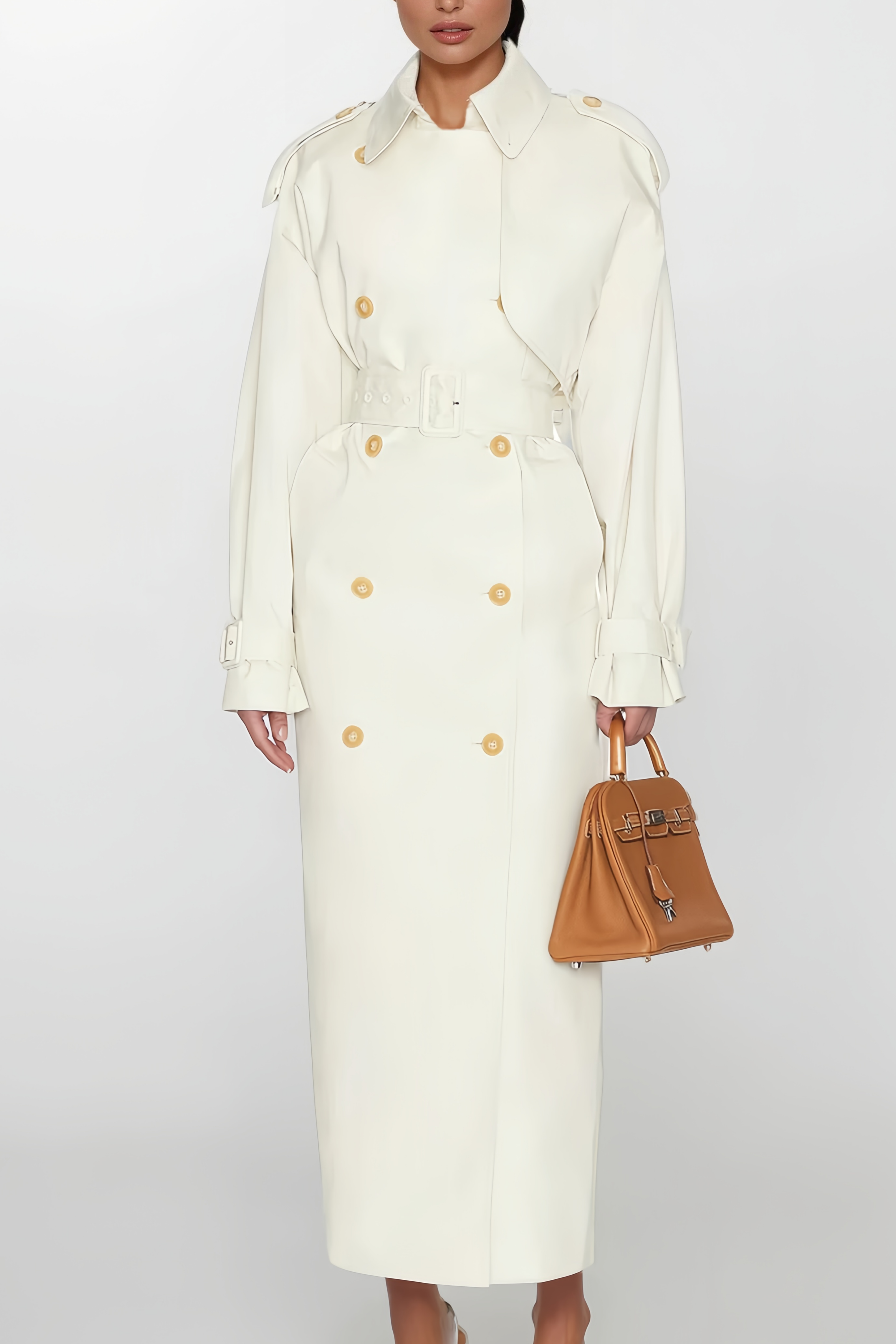 Bruyère White Double-Breasted Long Trench Coat