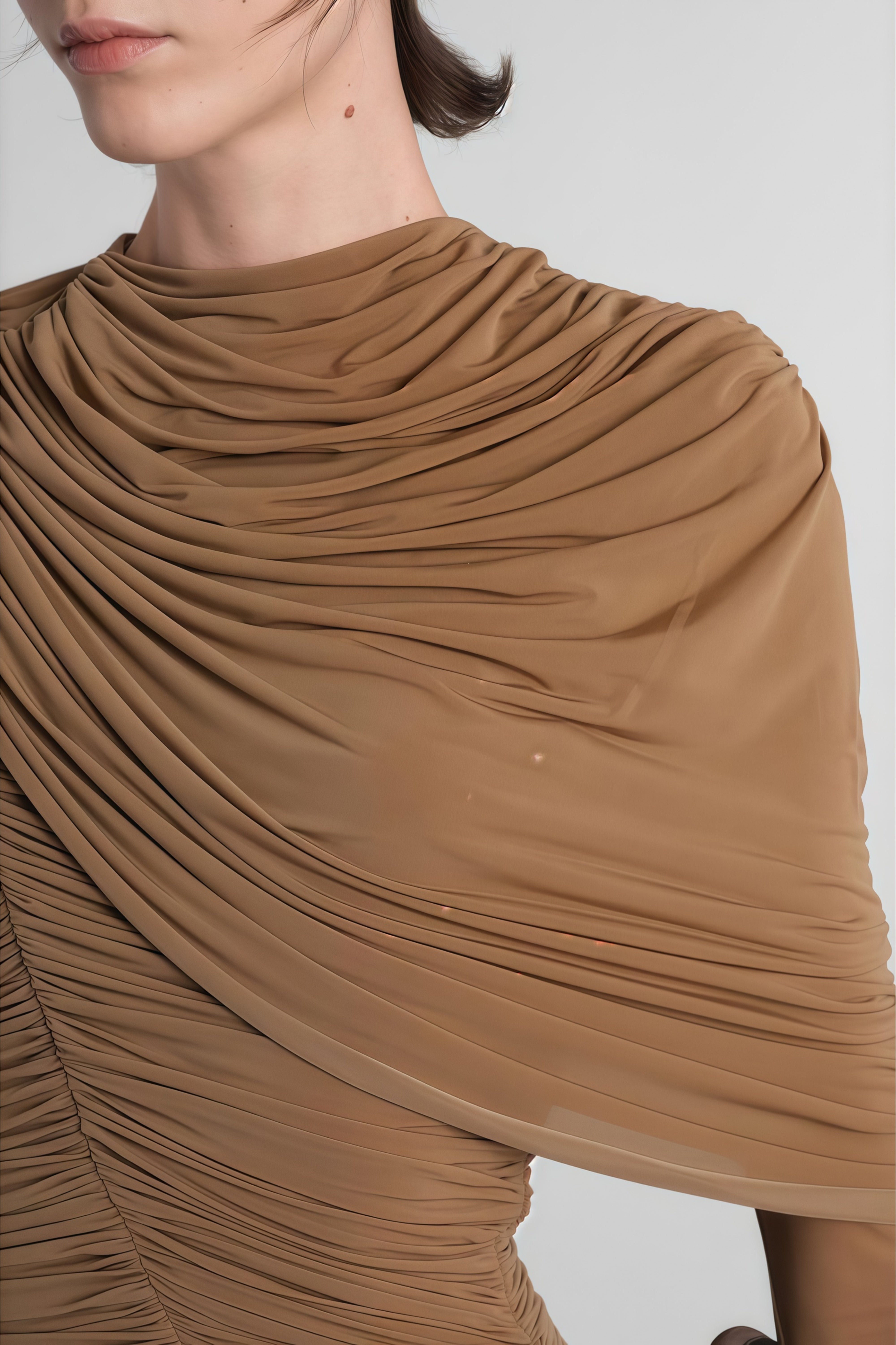 Lieselotte Brown Mock Neck Draped Midi Dress