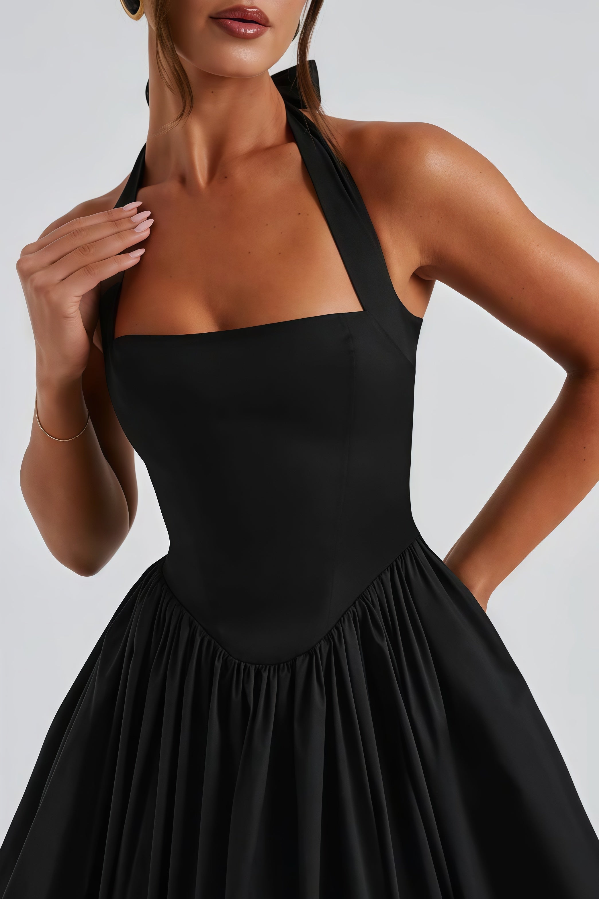 Eponine Black Layered Flared Hem Midi Dress