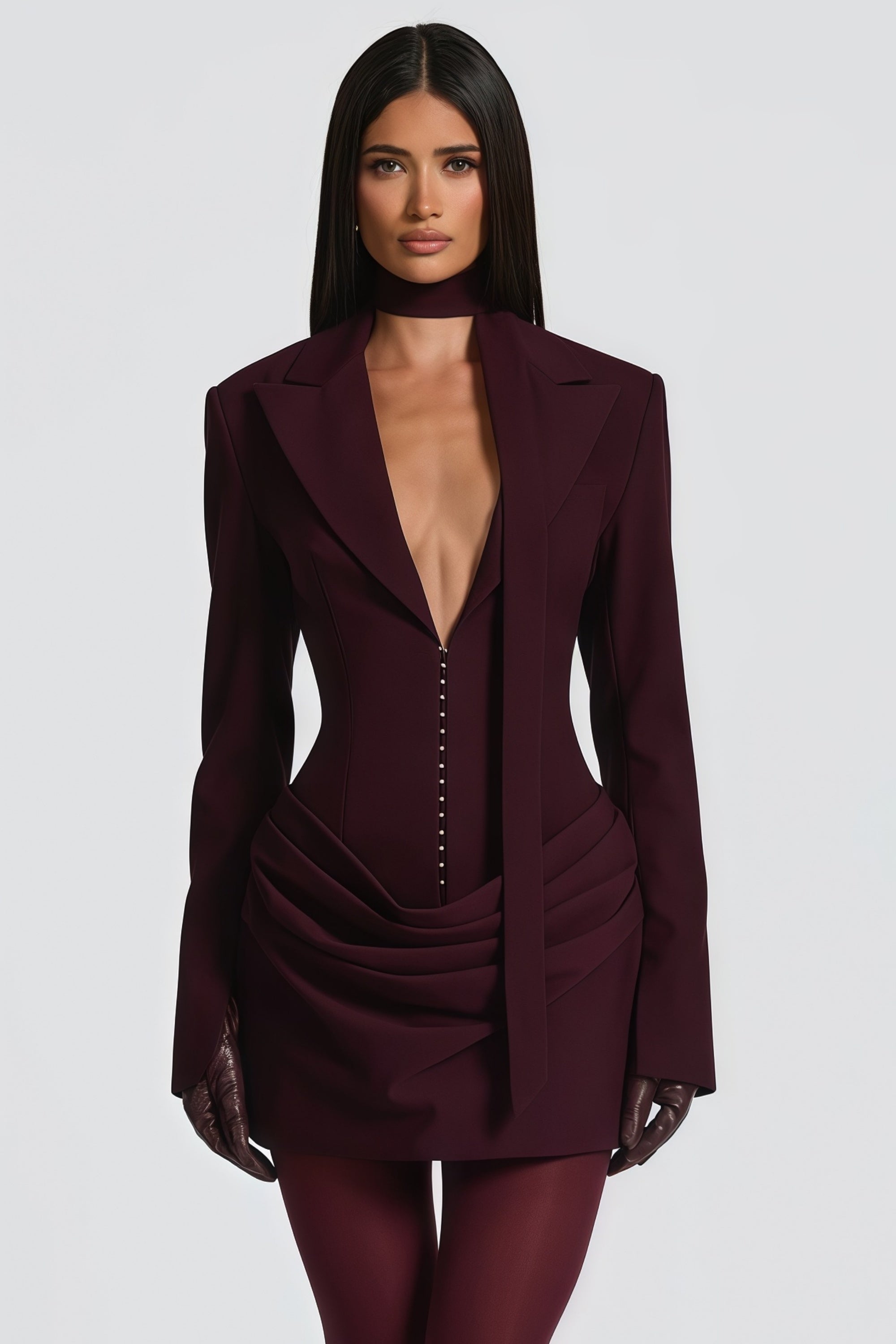 Rosette Burgundy Ruched Blazer Mini Dress