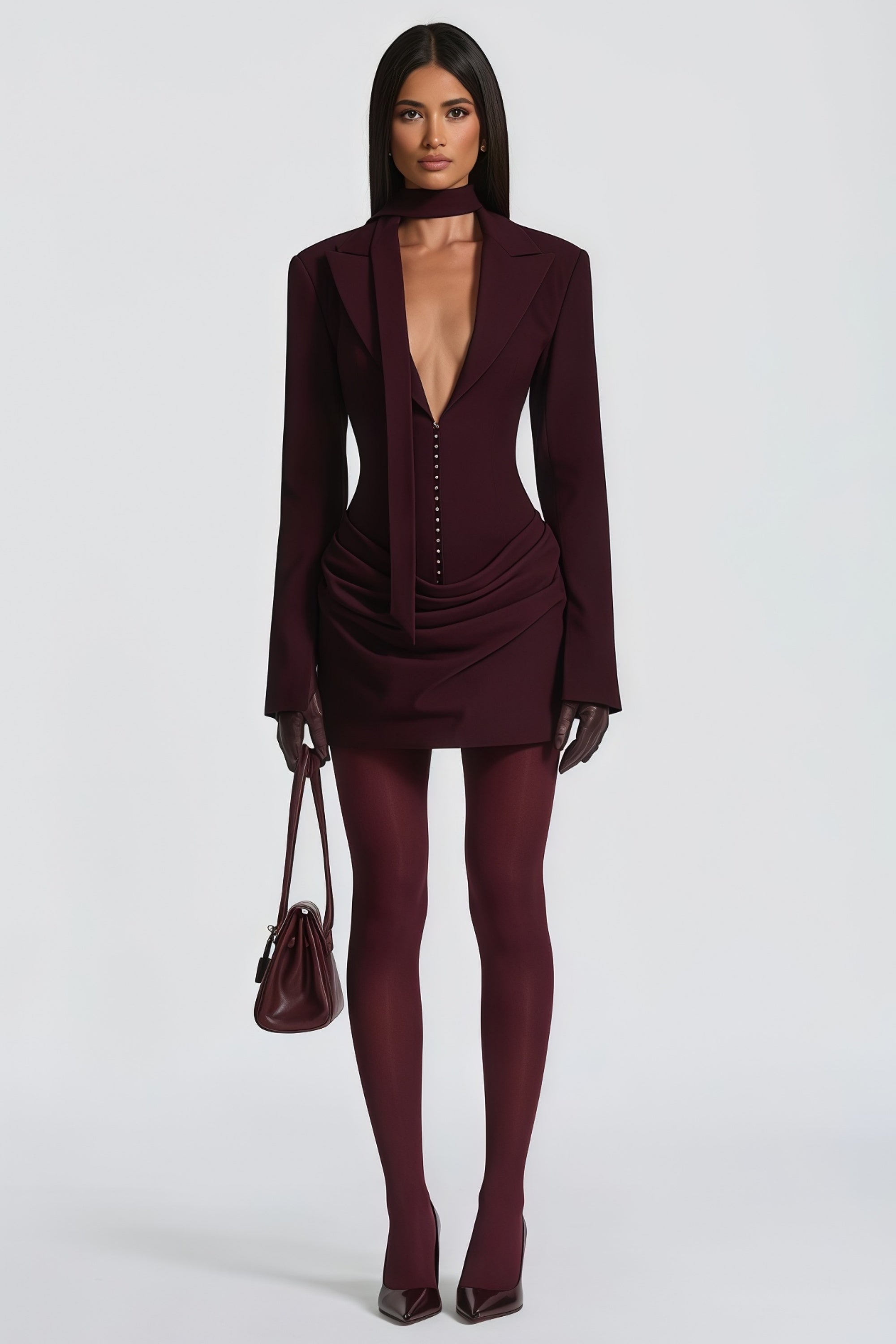 Rosette Burgundy Ruched Blazer Mini Dress