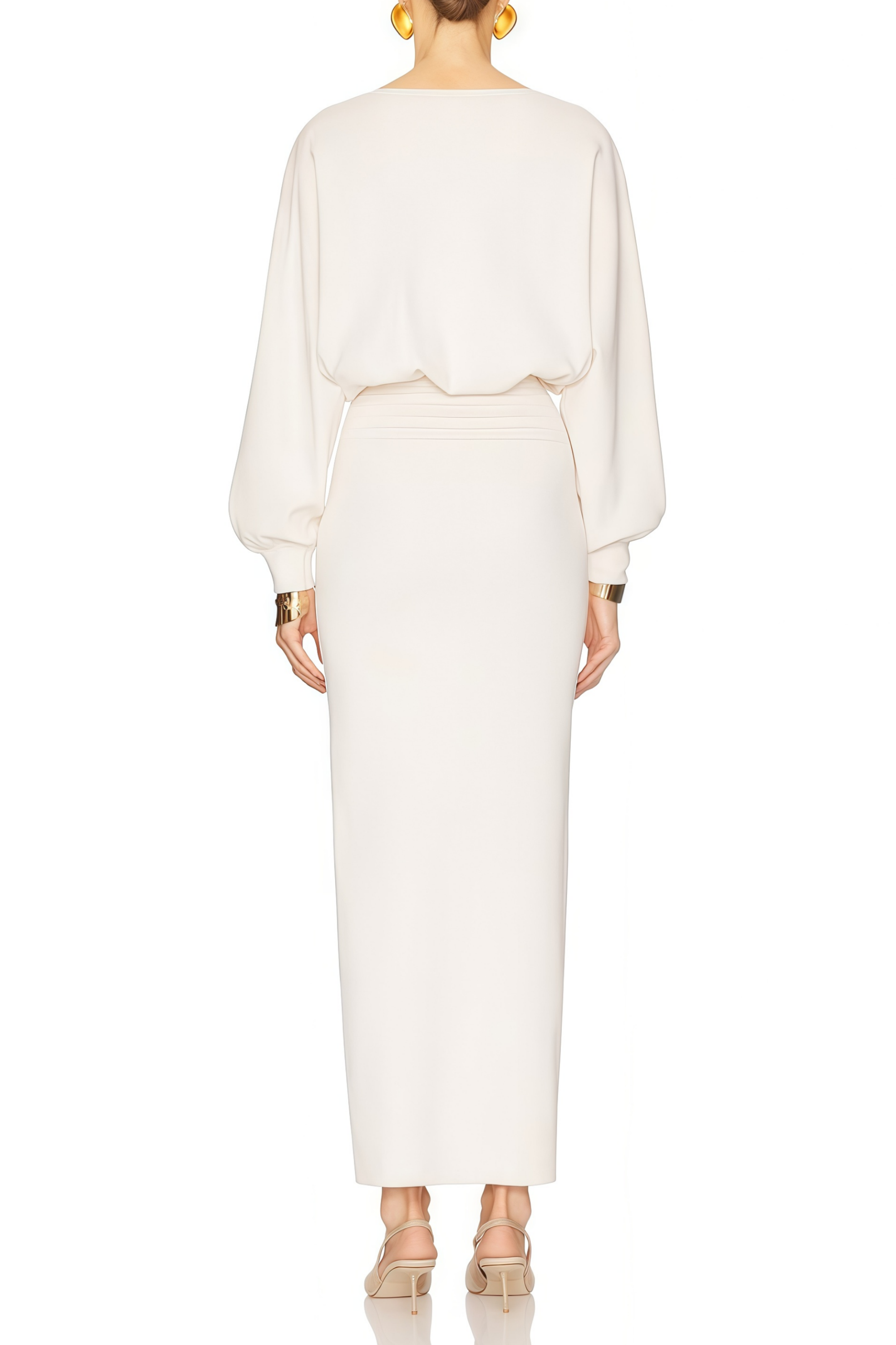 Boglárka White Cinched Knitted Waist Midi Dress