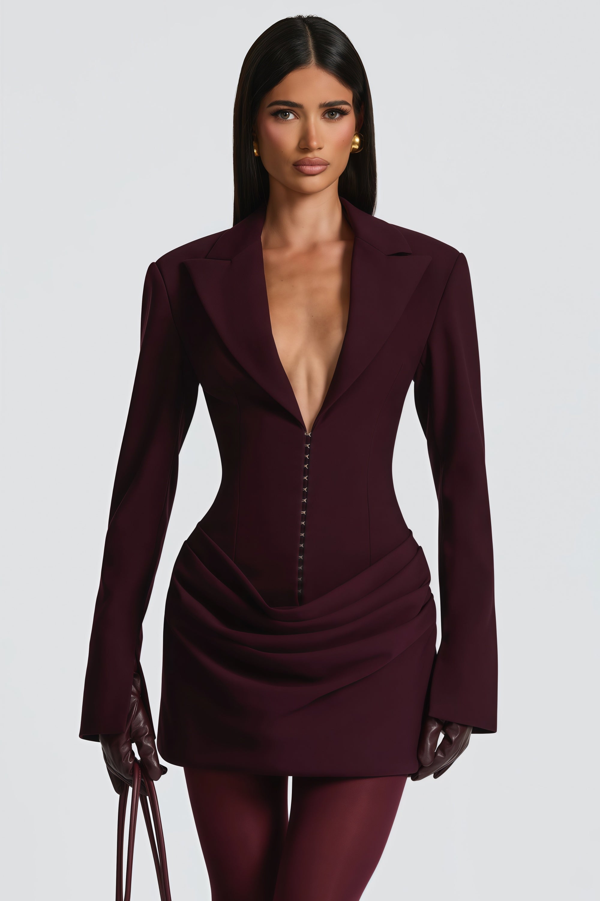 Rosette Burgundy Ruched Blazer Mini Dress