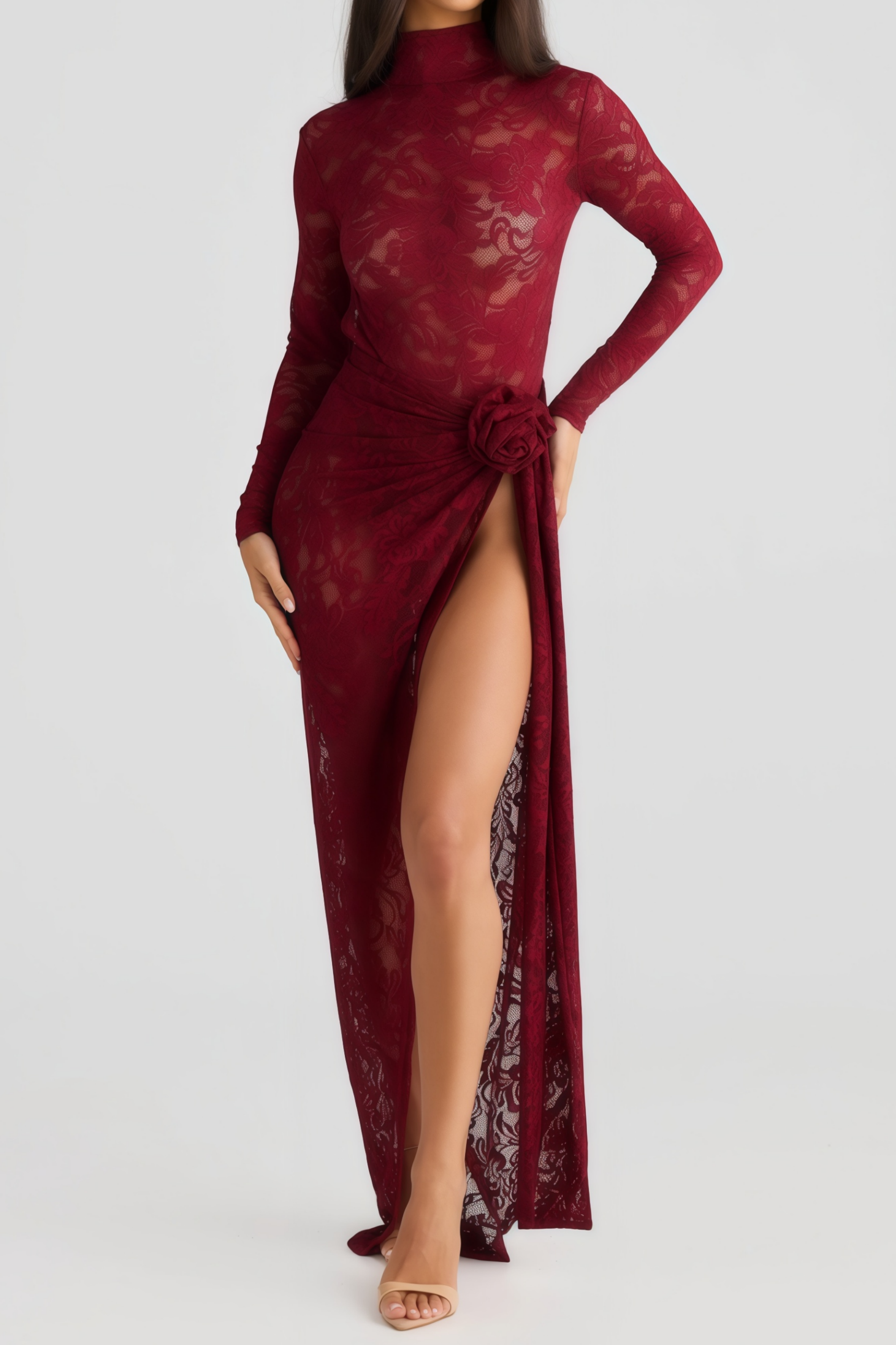 طقم بدلة وتنورة من الدانتيل الأحمر المزهر من أسلاوج