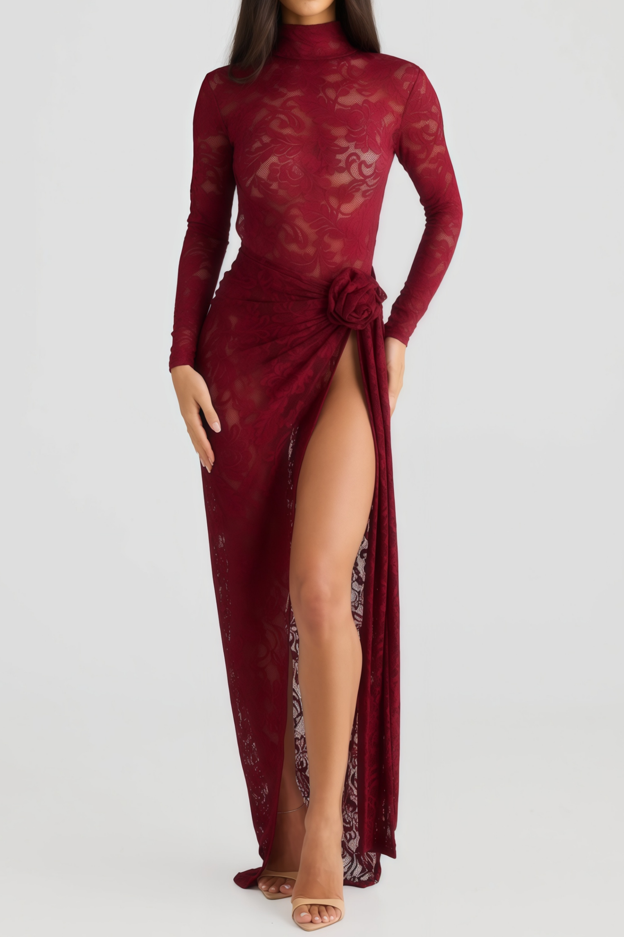 طقم بدلة وتنورة من الدانتيل الأحمر المزهر من أسلاوج