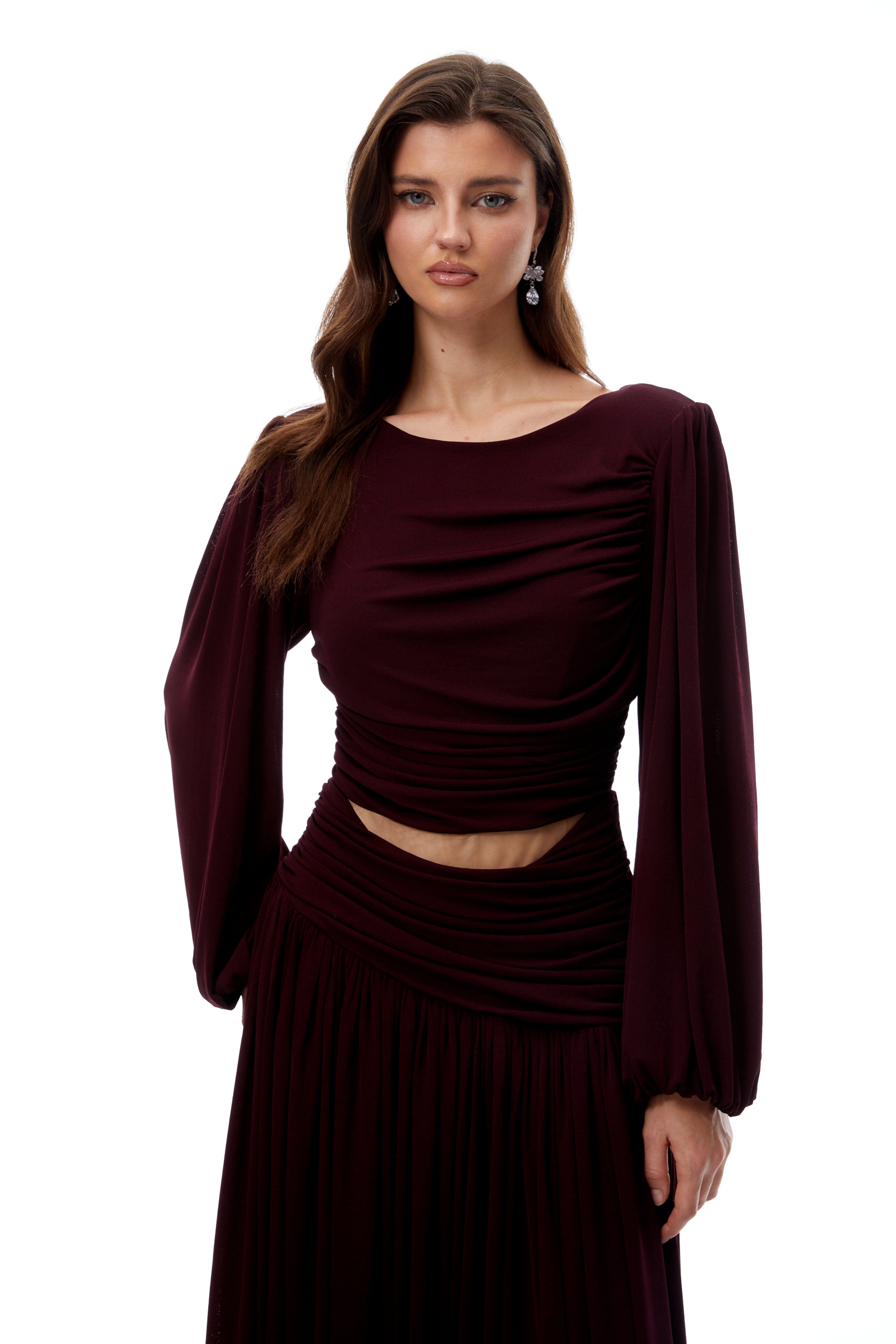 Fiorella Burgundy Cut Out Gathered Midi Dress
