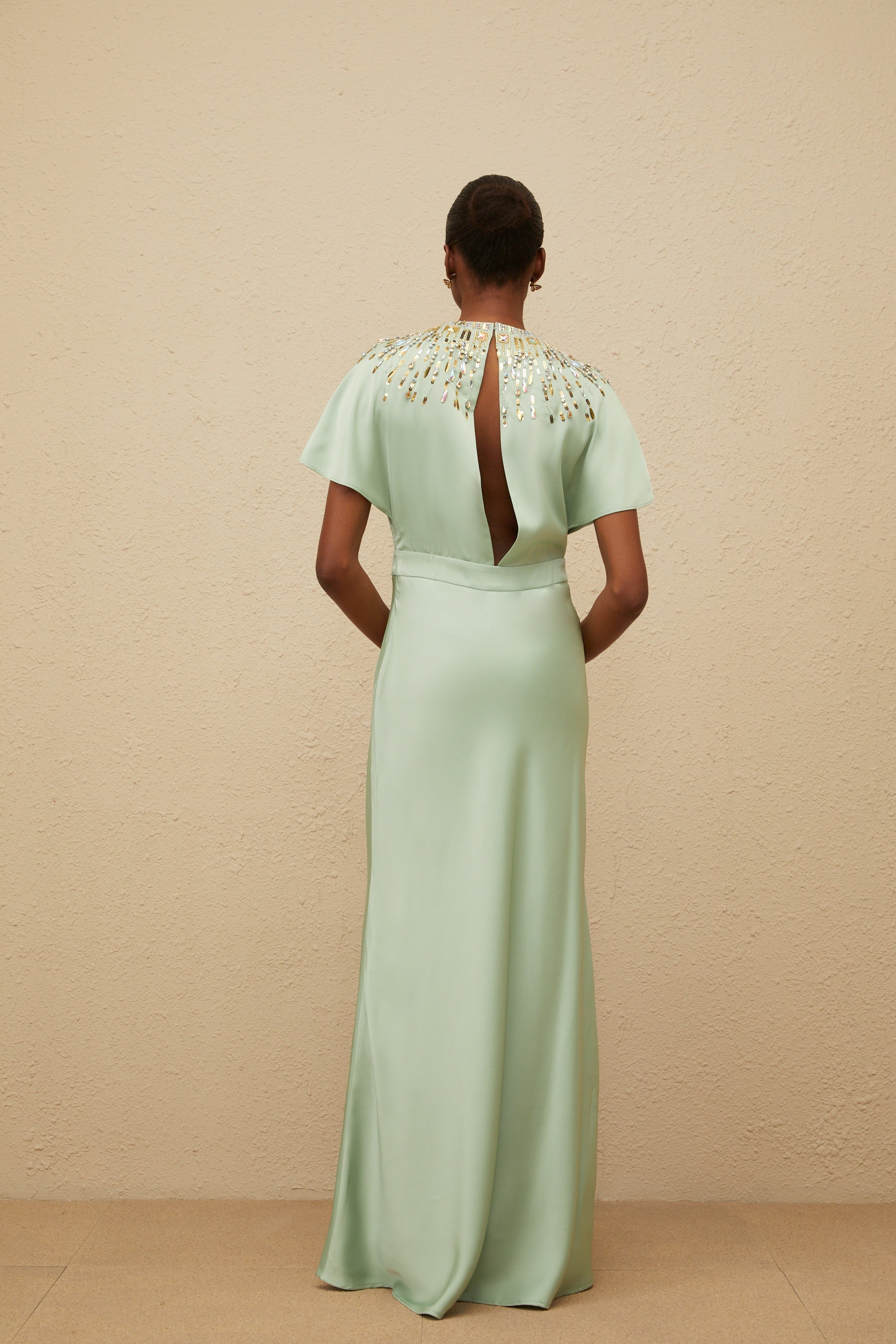 Ombrage Green Embellished Satin Maxi Dress (Final Sale-US Only)