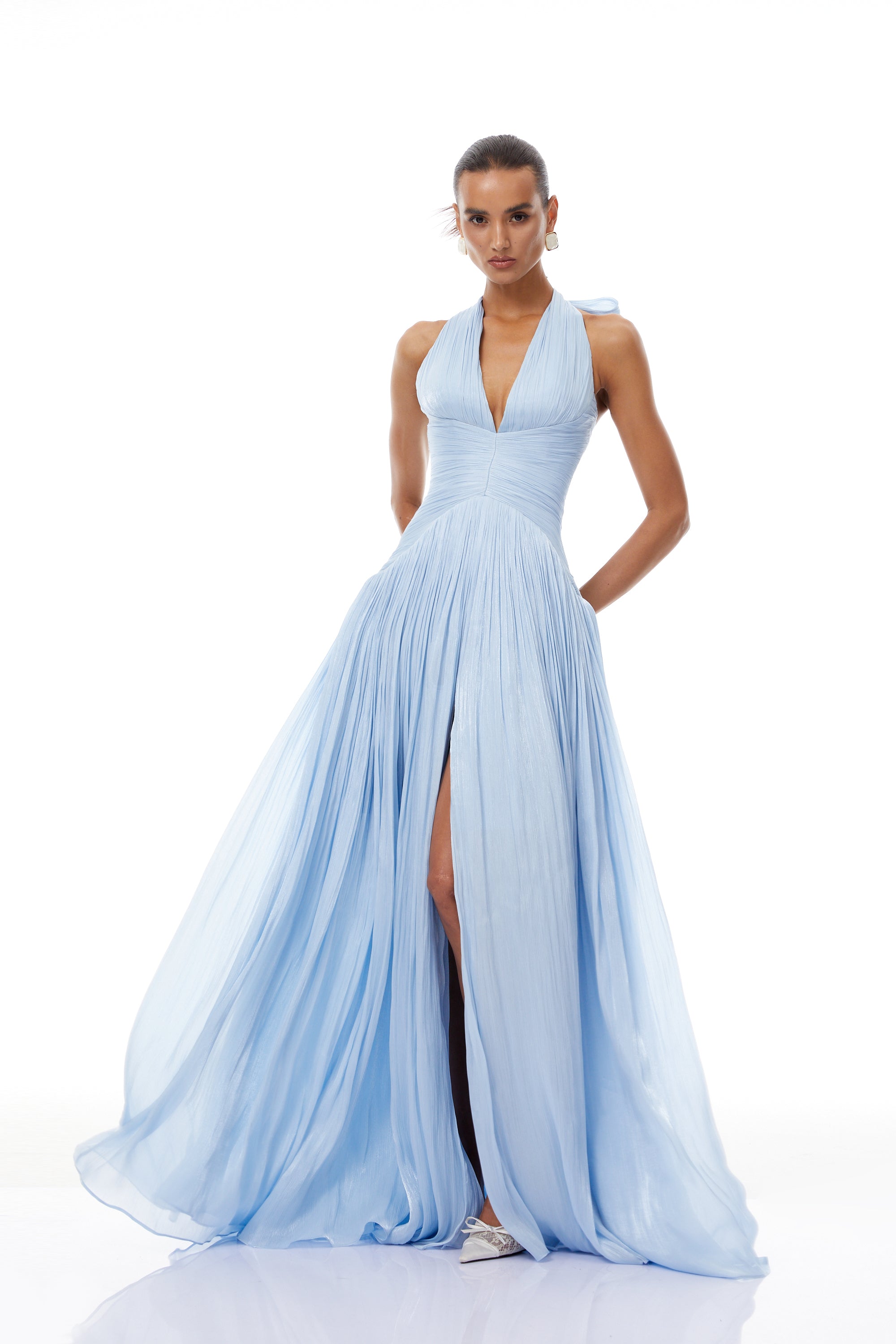 Miss rosier ライトブルー ドレープ マキシドレス Térébenthine Blue Glossy Gathered Maxi Dress