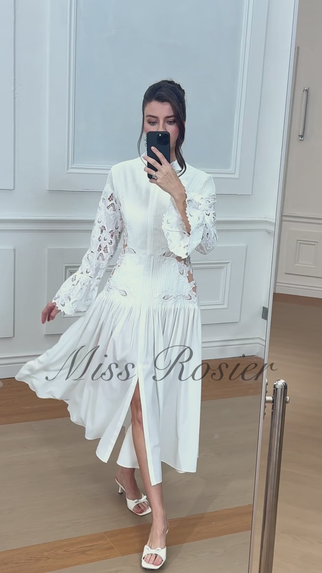 Chiara White Lace Panel Pleated Midi Dress