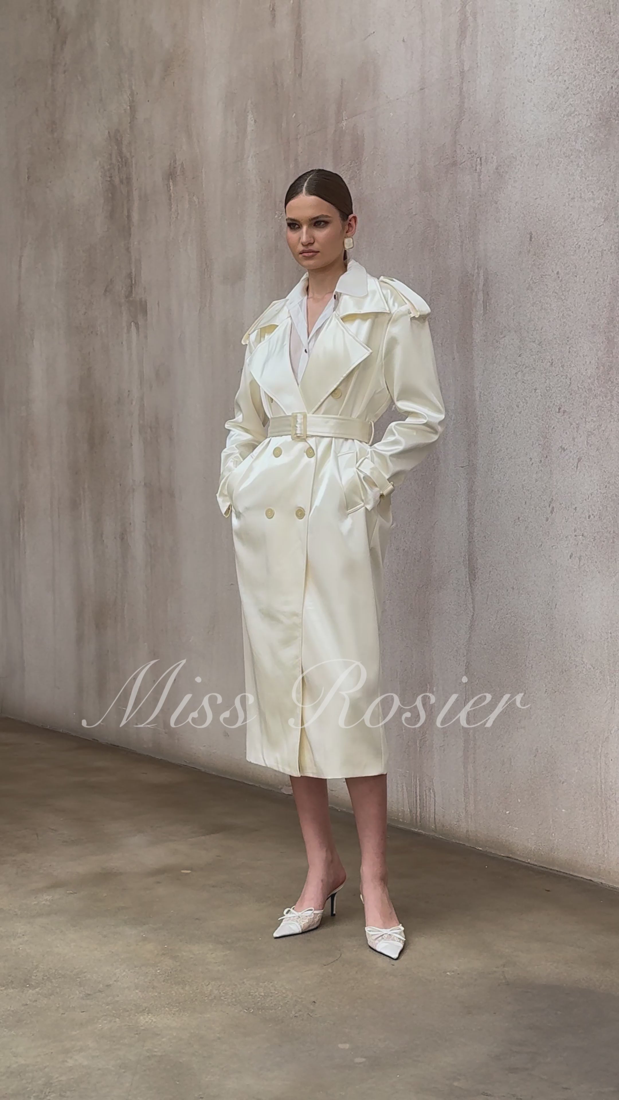 Amélie Cream White Satin Long Trench Coat
