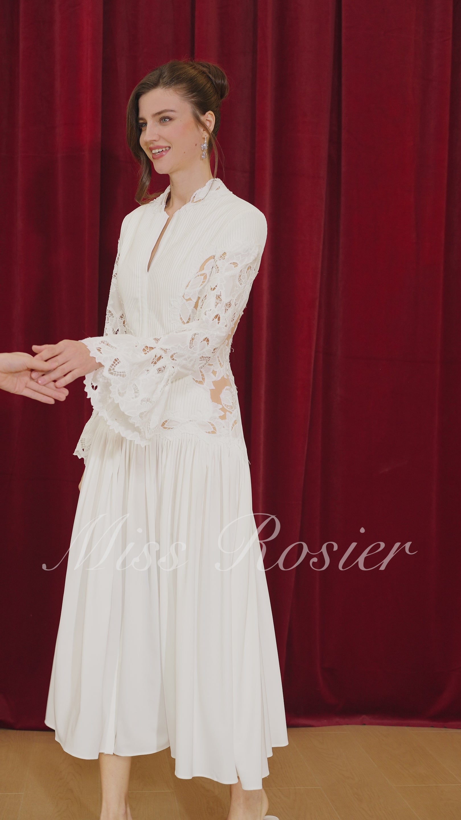 Chiara White Lace Panel Pleated Midi Dress