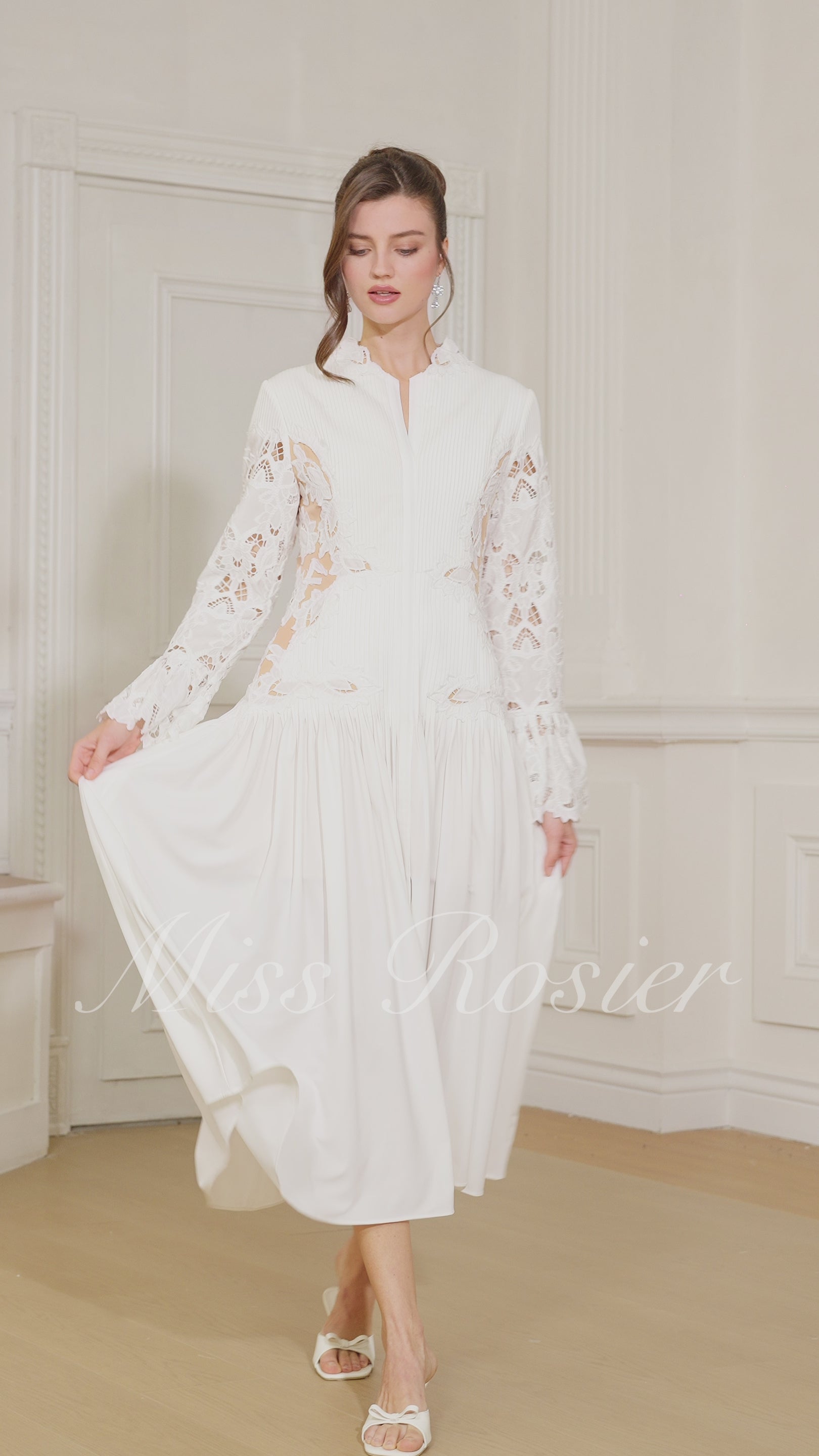 Chiara White Lace Panel Pleated Midi Dress