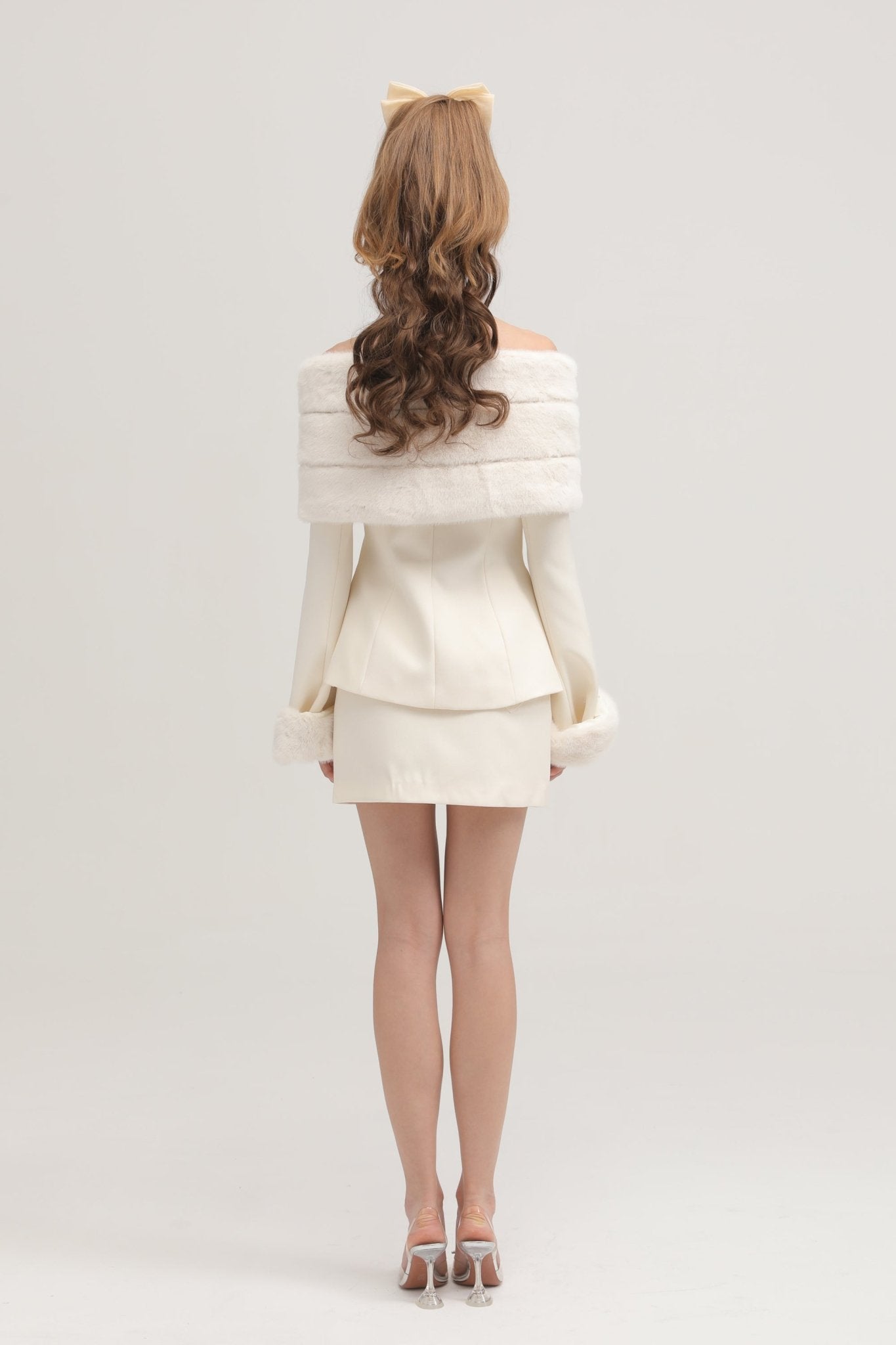 Caitlin white faux-fur jacket skirt matching set S White