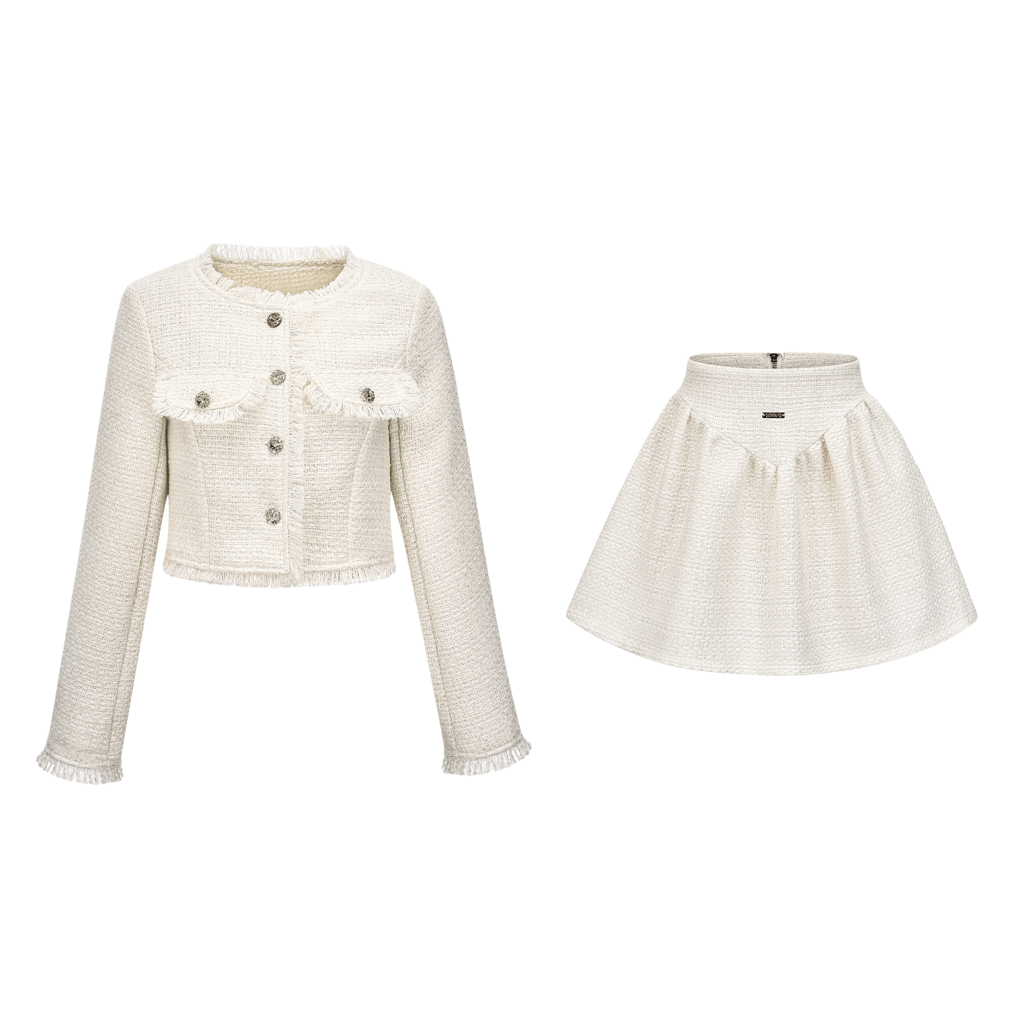 Fringe-trim knitted cropped jacket & skirt matching set - itsy, it‘s different